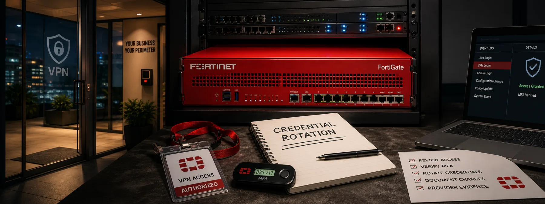 Editorial image showing Fortinet-style firewall and VPN access credentials under review with a perimeter security front-door metaphor.