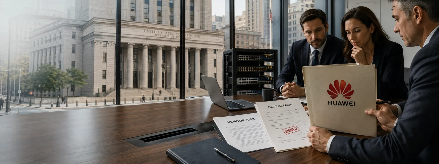 Editorial image of a technology vendor risk review with Huawei and courthouse context.