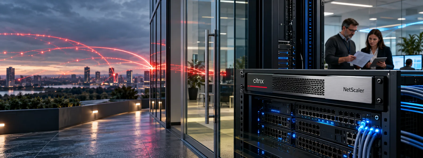 Editorial image of a Citrix NetScaler VPN gateway at a business network front door under security review.