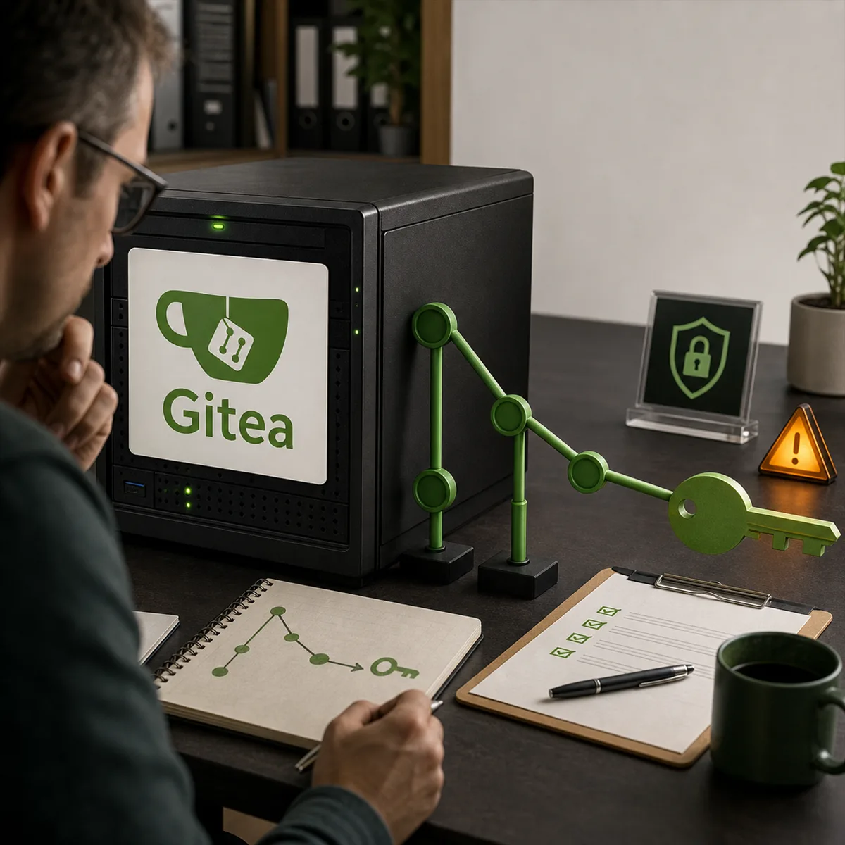 Editorial image showing a self-hosted Gitea code platform under access review after a remote-code-execution security update.