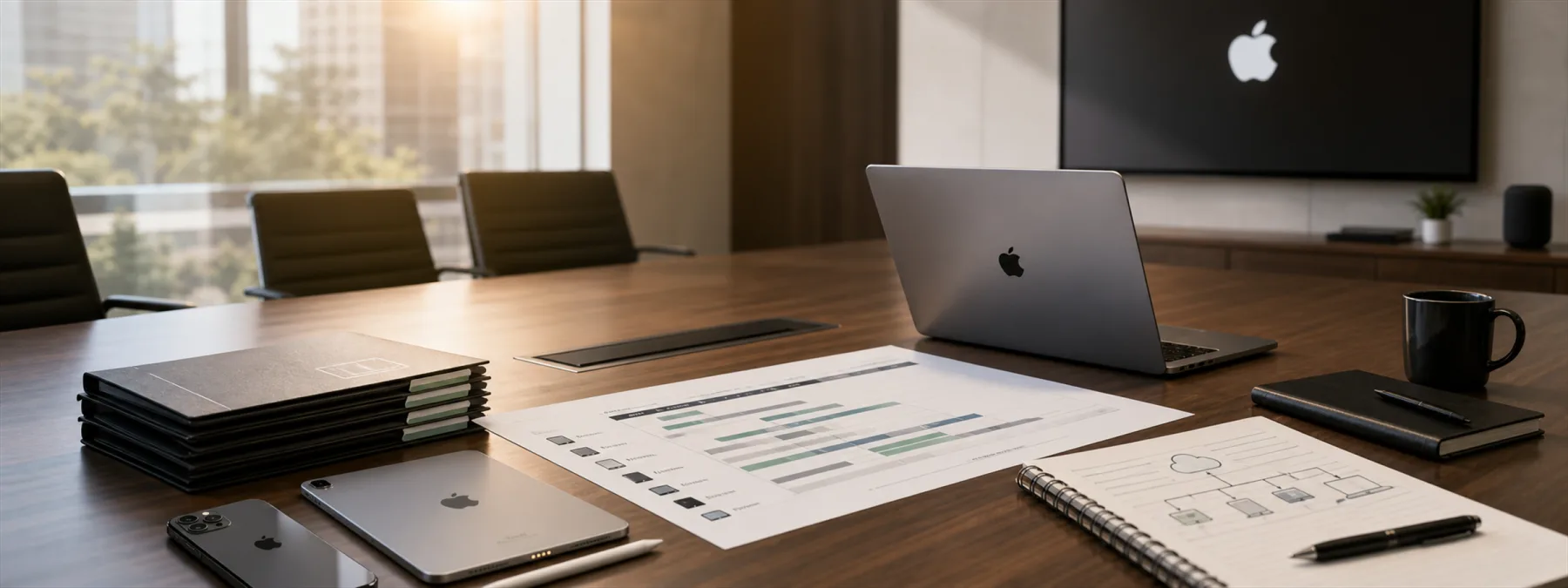 Editorial image of Apple devices on a business planning desk with roadmap documents and device management signals.