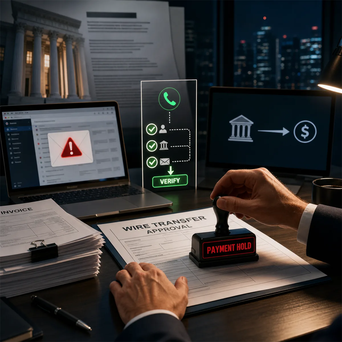 Editorial image of a business owner reviewing wire transfer instructions, verified payment controls, and a business email compromise warning before approving a large payment.
