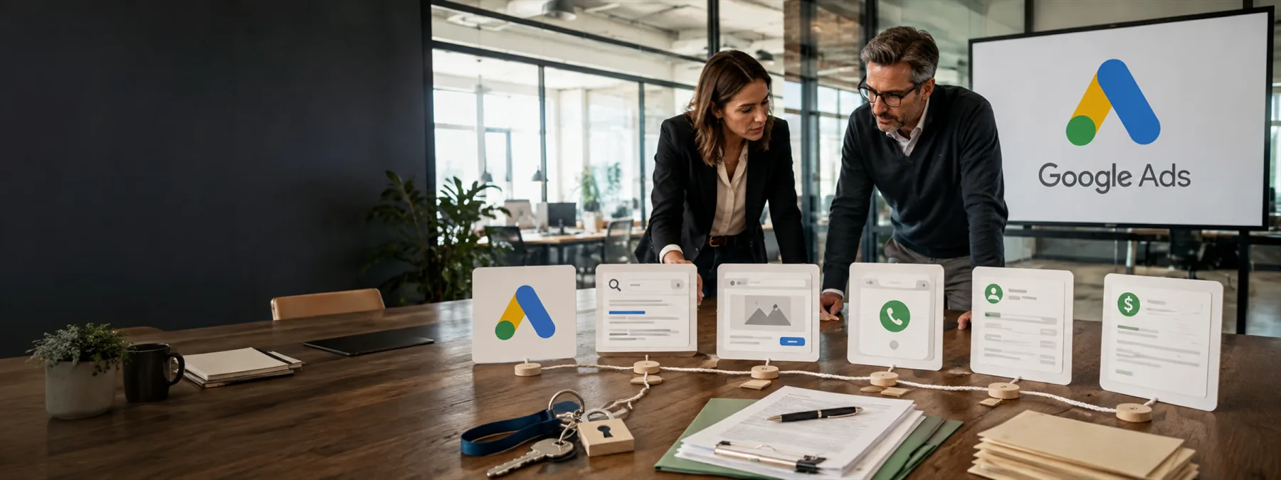 Editorial image of a business owner reviewing Google ad-tech platform dependency, ad spend, and vendor reporting evidence.
