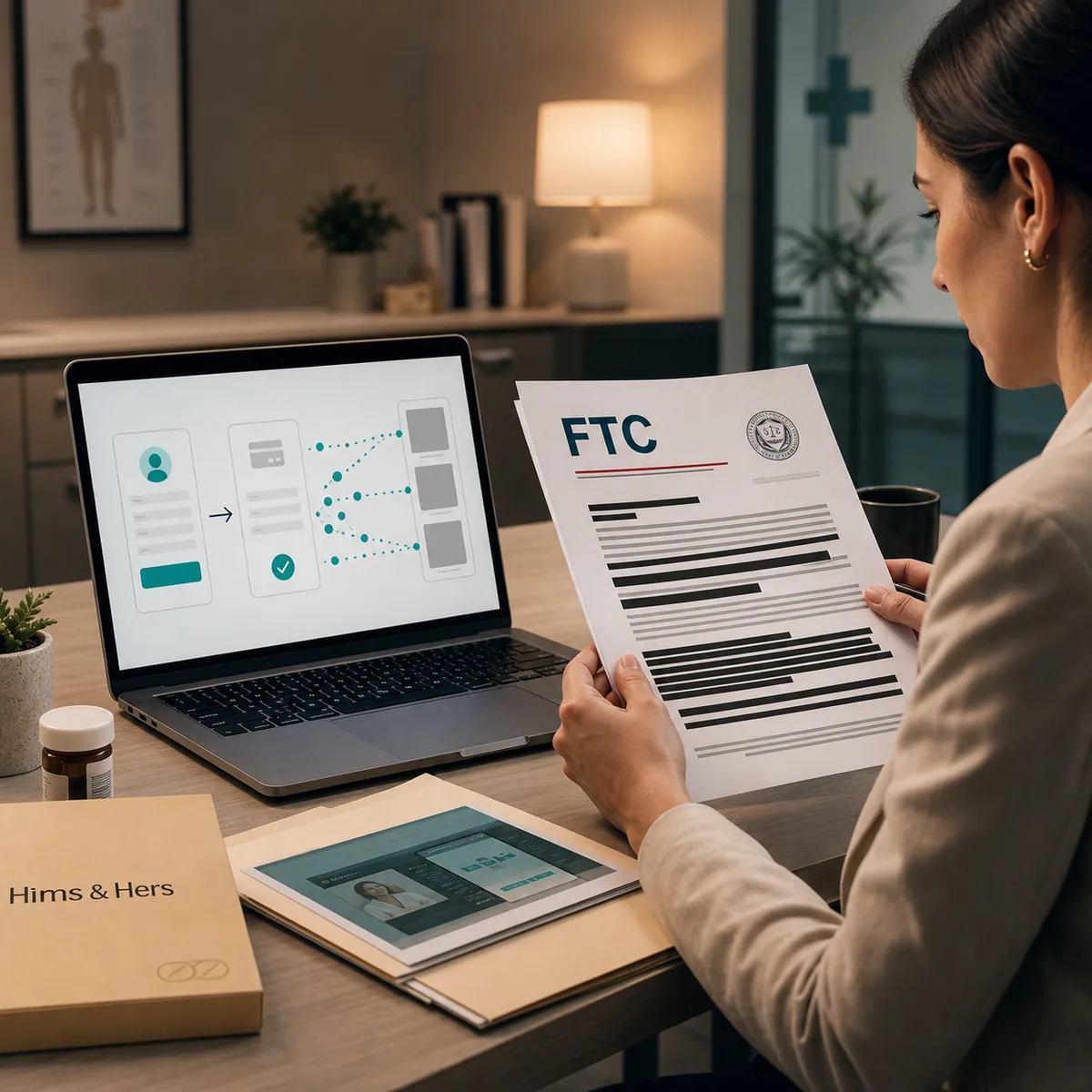 Editorial image of a healthcare business owner reviewing website tracking pixels, privacy promises, and subscription checkout controls.