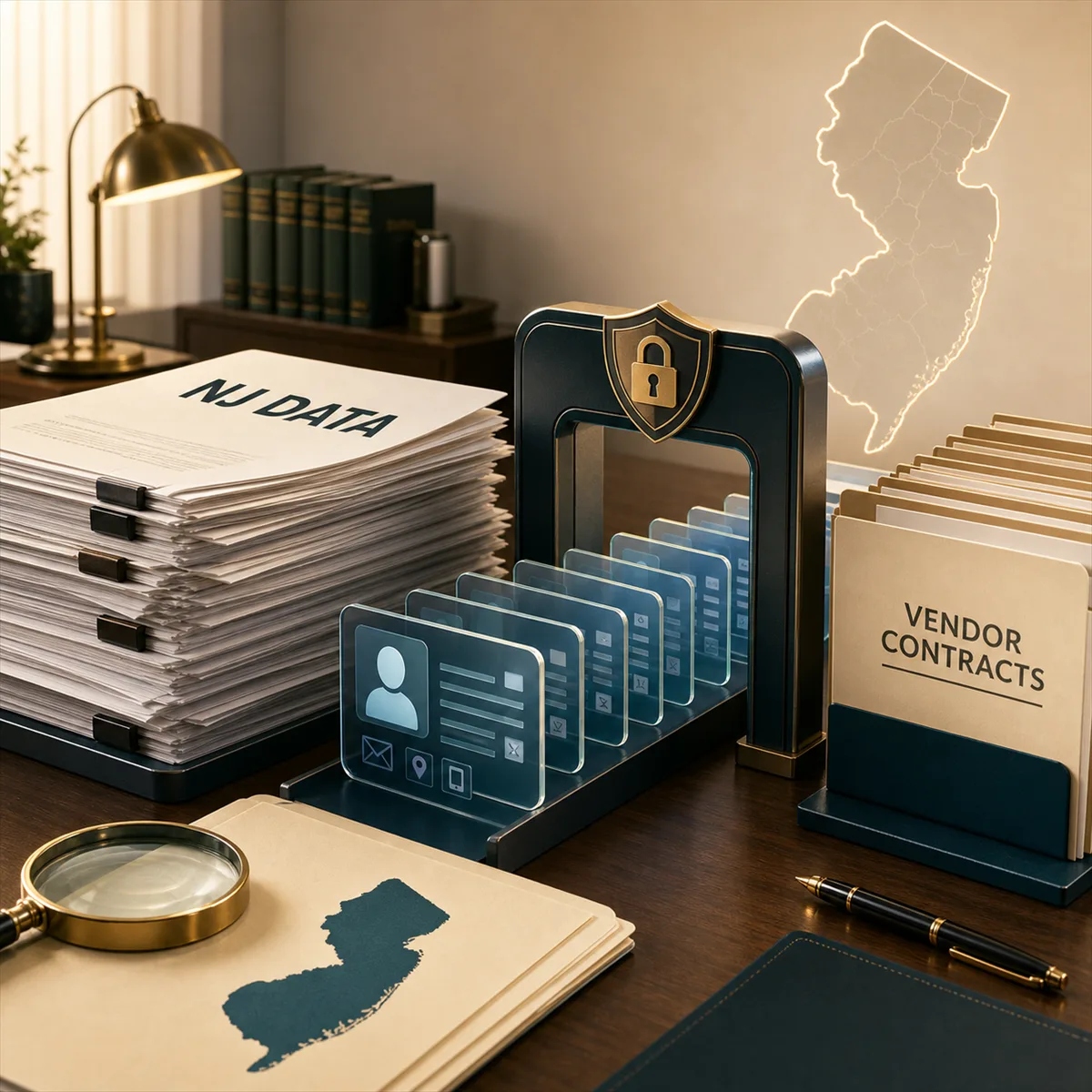 Editorial image about New Jersey data broker law, customer data sharing, and business vendor review.