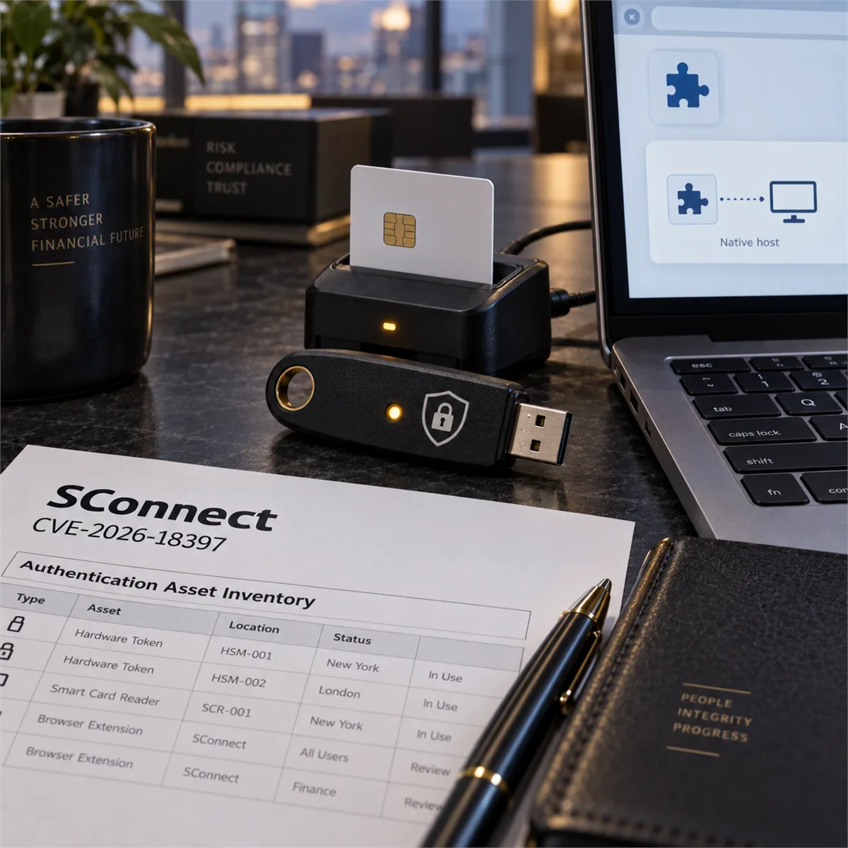 Editorial image of a business owner reviewing hardware-token authentication middleware, browser extensions, and version evidence for SConnect risk.