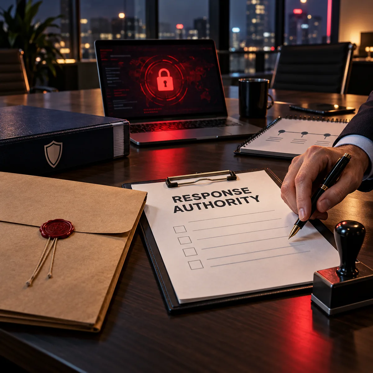 Editorial image about ransomware response vendors, cyber insurance, and business owner approval controls.