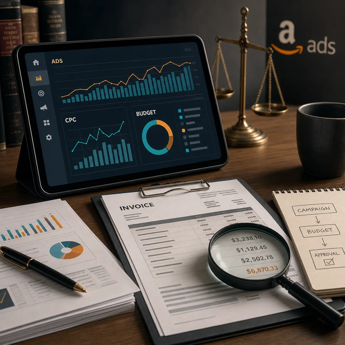 Editorial image of Amazon Ads campaign spend under business review with invoices, click-cost metrics, and advertising controls.