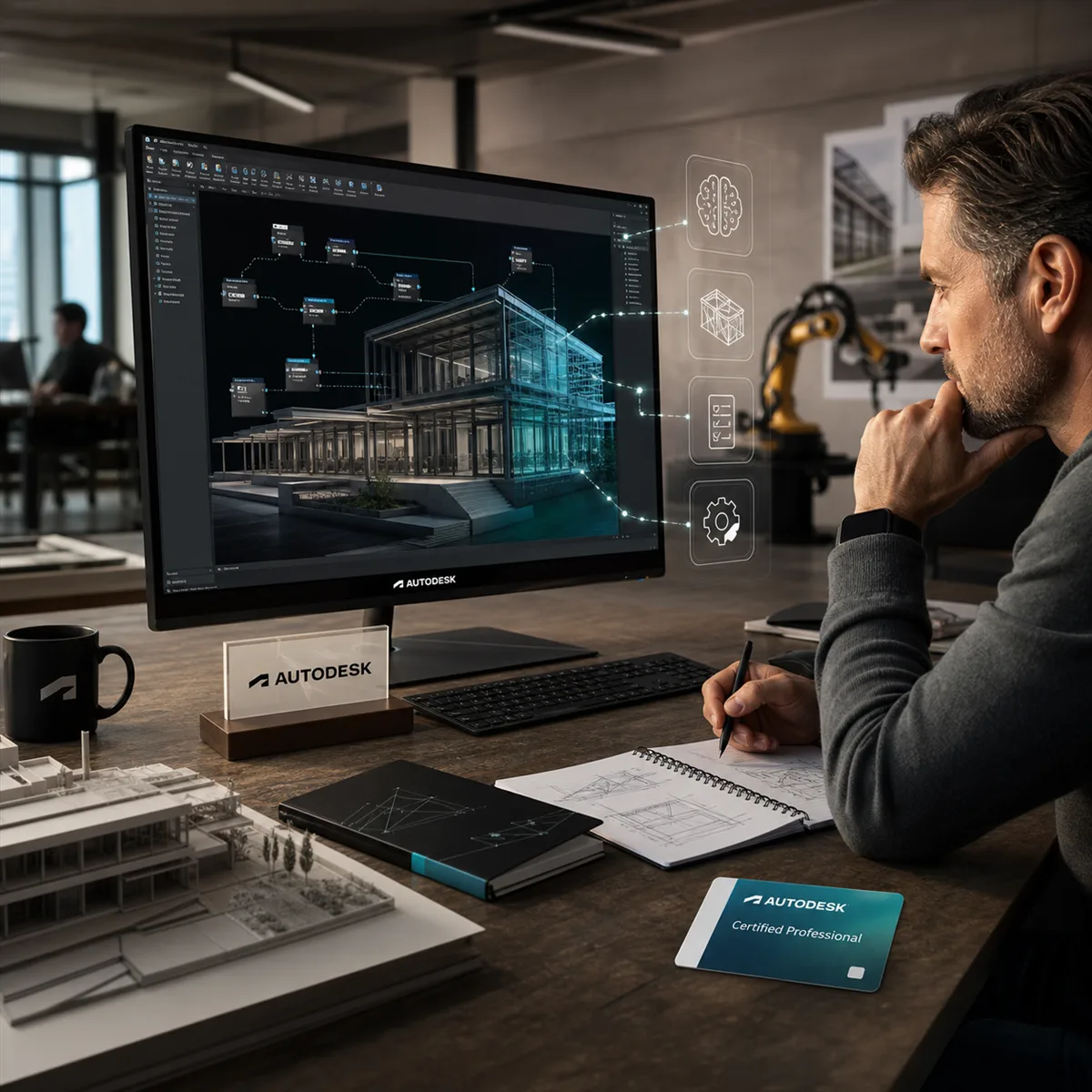 A professional design and manufacturing workspace with AI-assisted tools, training materials, and Autodesk-inspired visual cues.