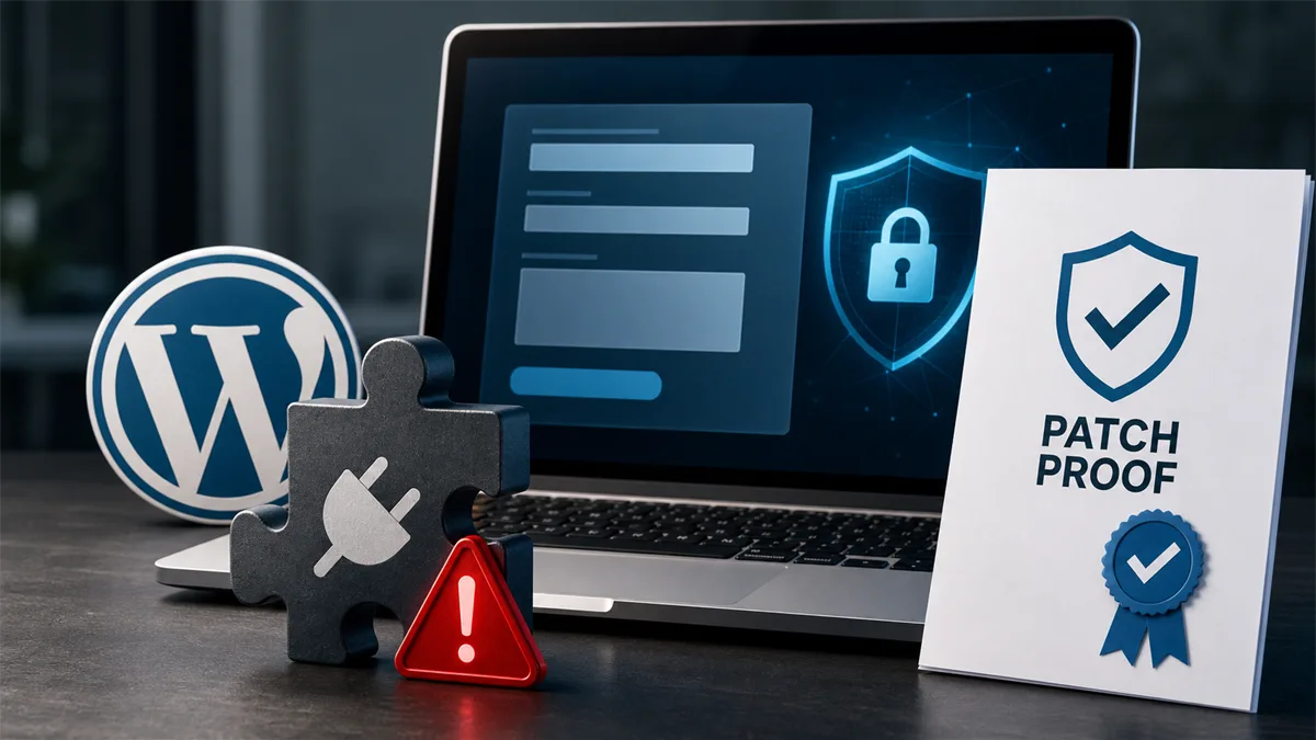 Business owner reviewing WordPress website plugin patch proof and admin account risk.