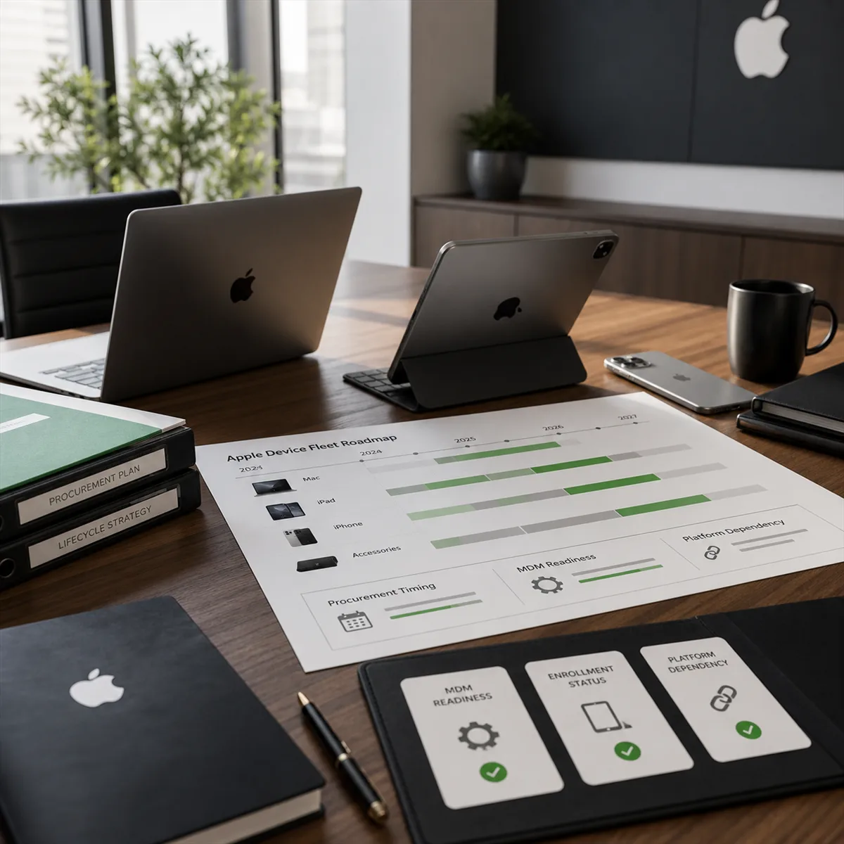 Editorial image of Apple devices on a business planning desk with roadmap documents and device management signals.