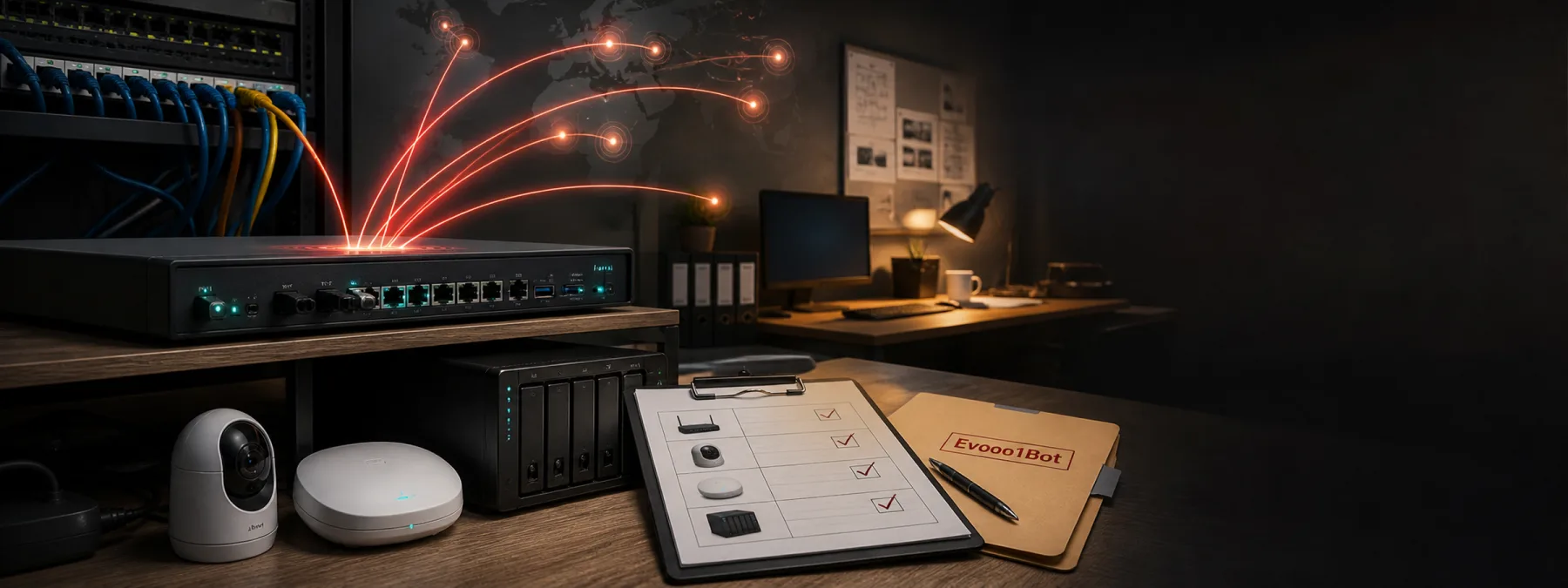 Editorial image of an exposed office router and edge devices being reviewed for botnet relay risk.