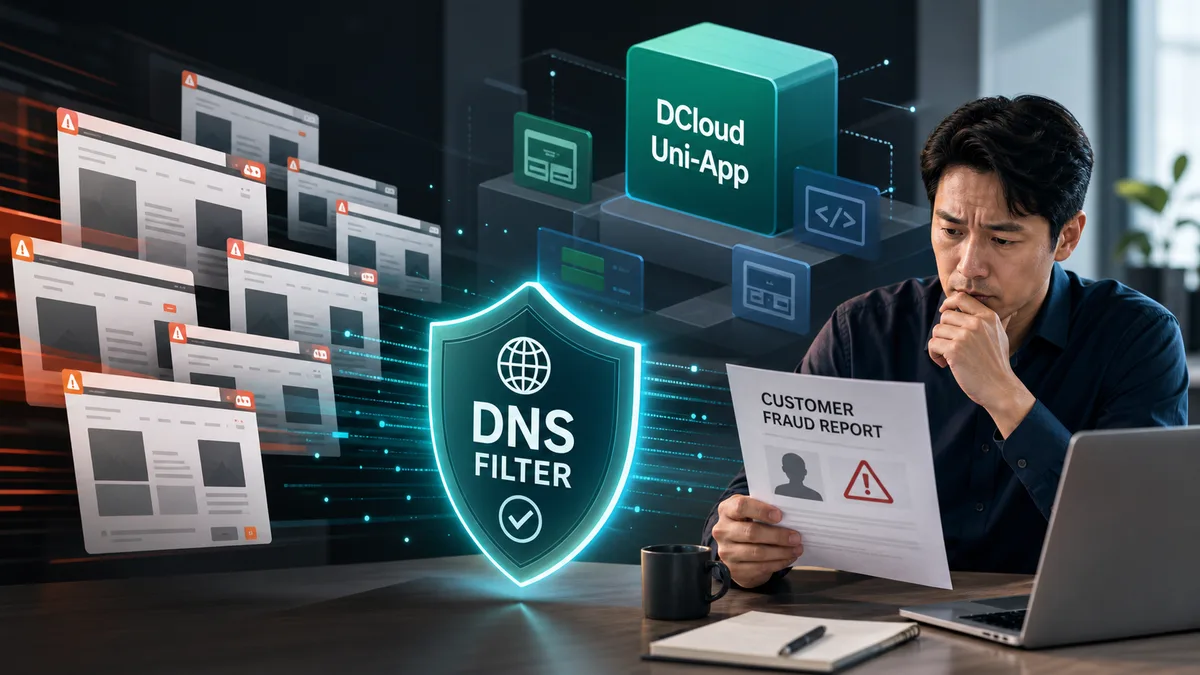 Editorial image showing scam website infrastructure, DNS security review, and customer fraud response in a business setting.