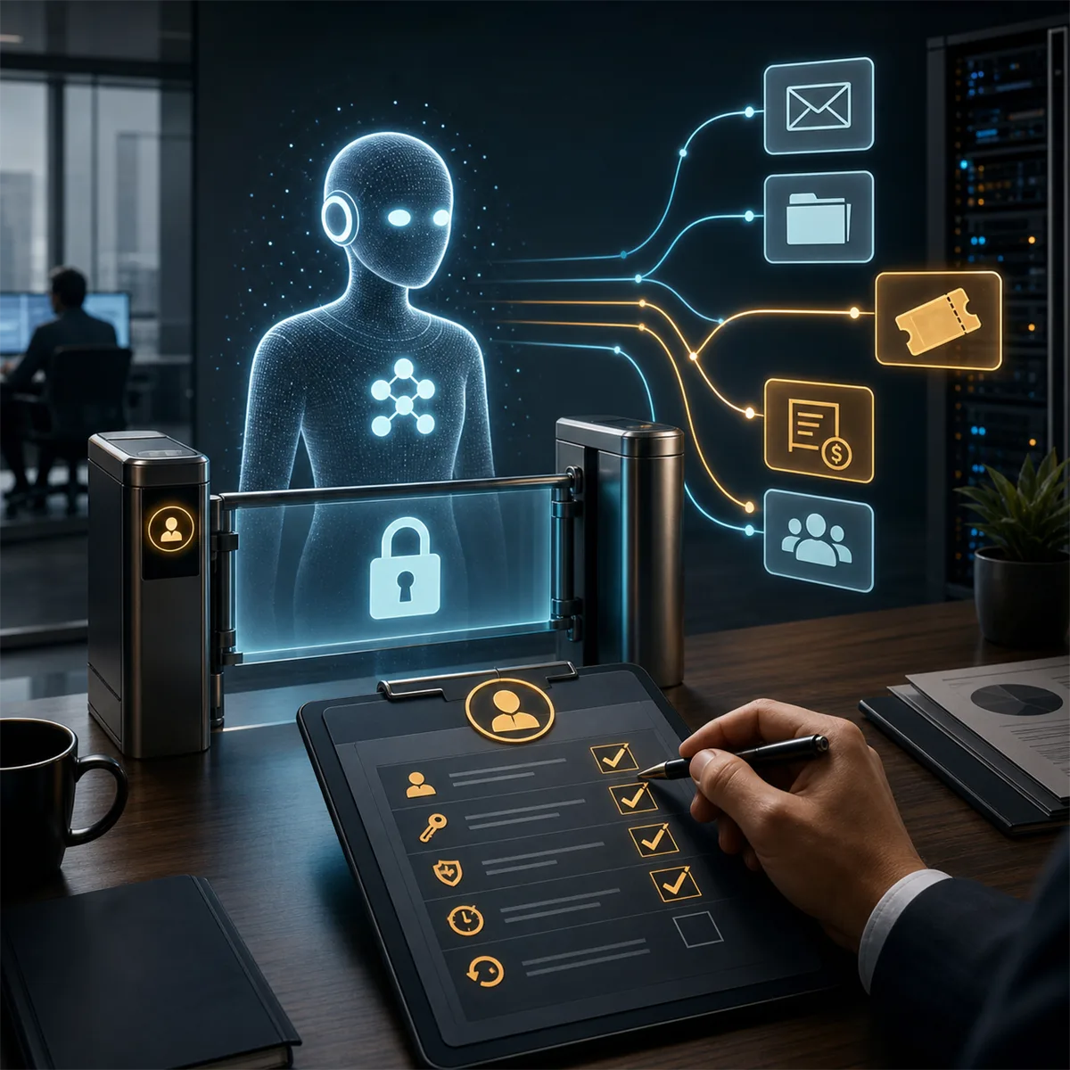 Business owner reviewing AI agent access permissions and approval controls on a modern technology workstation.