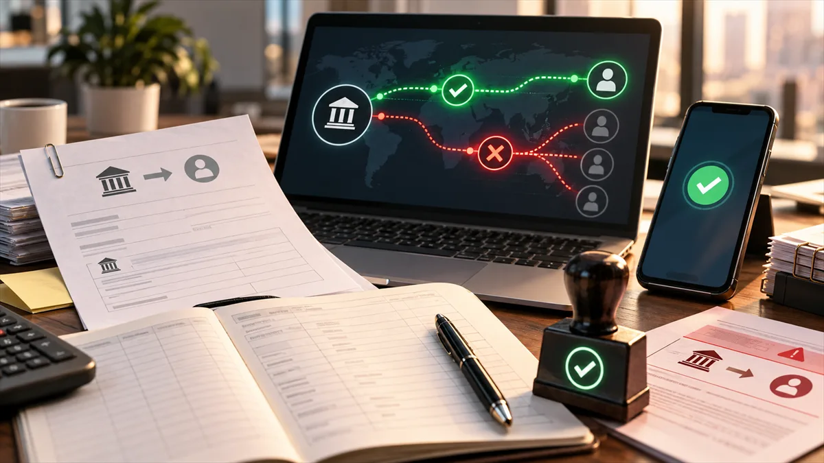 Editorial image showing a small business payment approval desk reviewing suspicious money transfers and vendor bank-change requests.