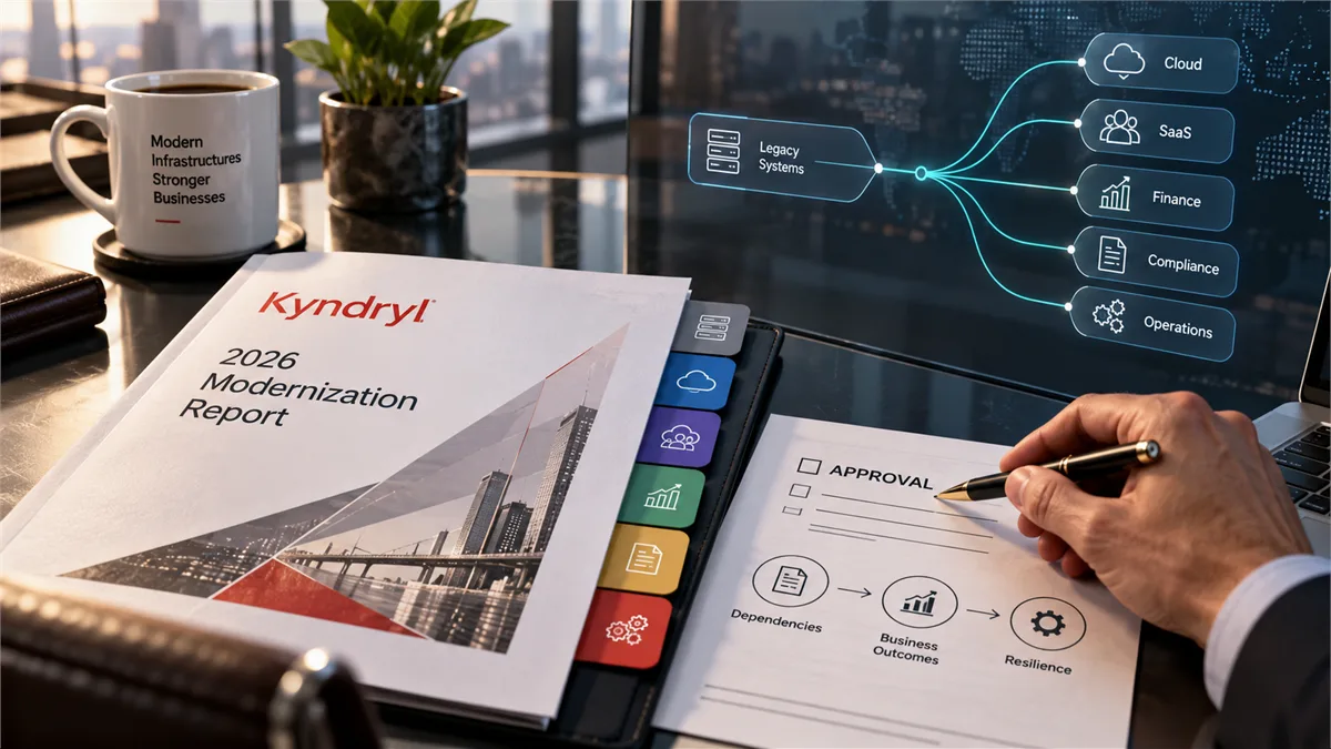Editorial image of a business owner reviewing a modernization roadmap with application dependency records and business outcome evidence.