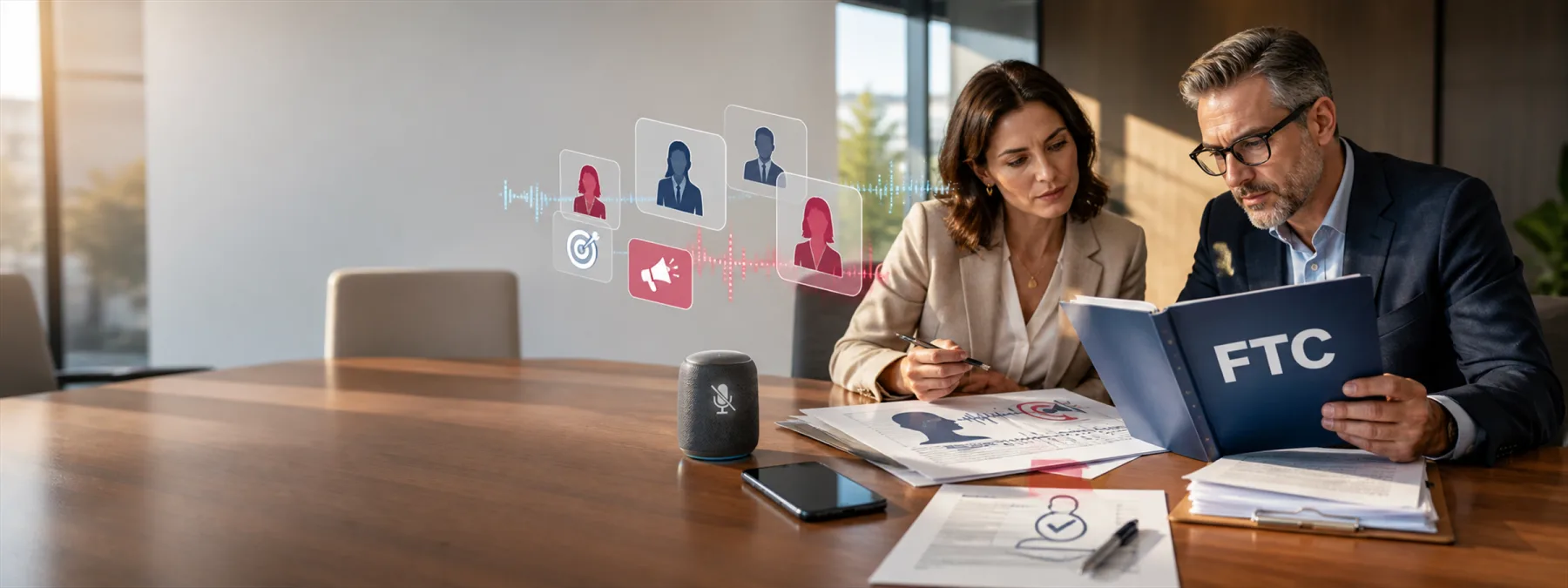 Editorial image of a business owner reviewing AI marketing vendor claims, consent records, and ad-tech data sources.