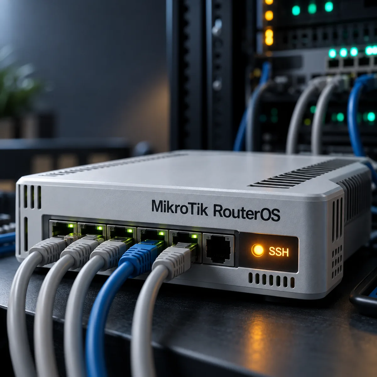Editorial image of a small business network router and access review notes showing edge-device inventory and SSH exposure checks.
