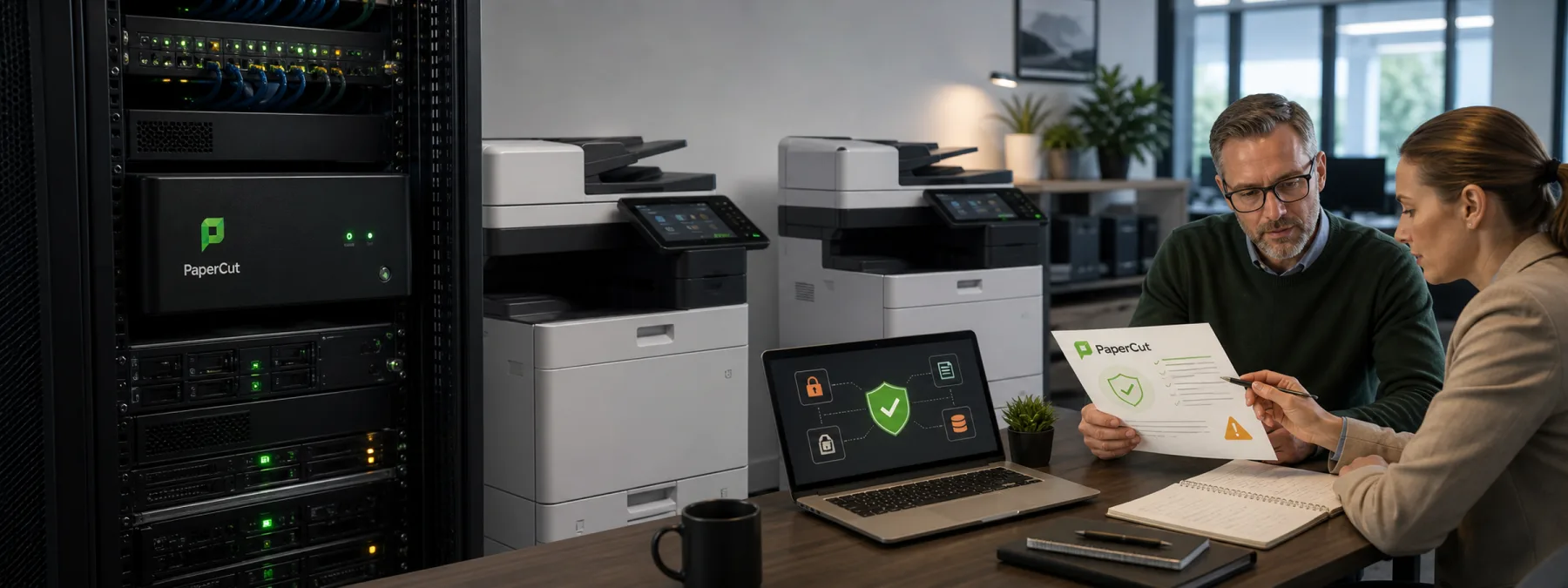 Editorial image of a PaperCut print management server under emergency security review with office printers and warning indicators.