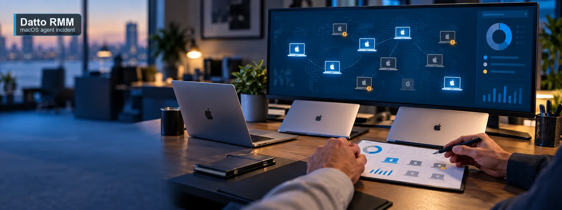 Editorial image of managed Mac laptops and a Datto RMM monitoring console during a Kaseya service incident.