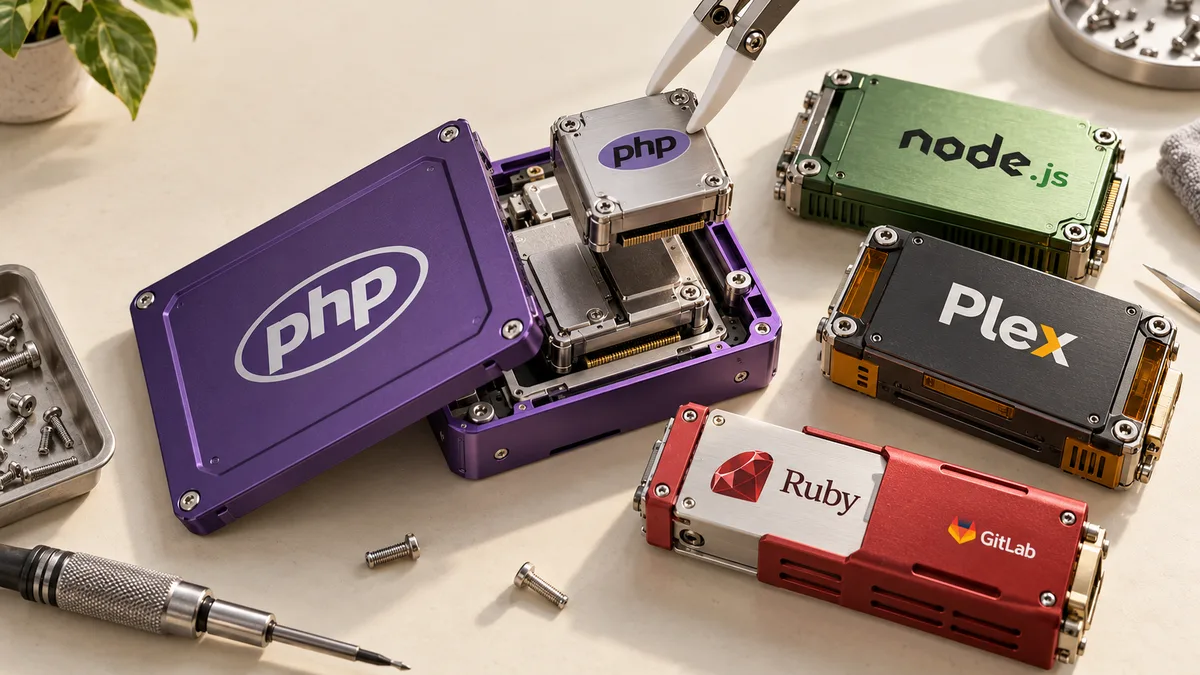 Editorial illustration of PHP, Node.js, Plex and Ruby software components undergoing a dependency repair on a workbench.