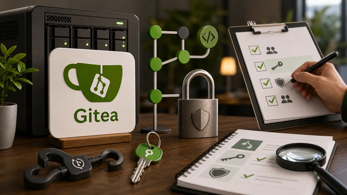 Editorial image showing a self-hosted Gitea code platform under access review after a remote-code-execution security update.