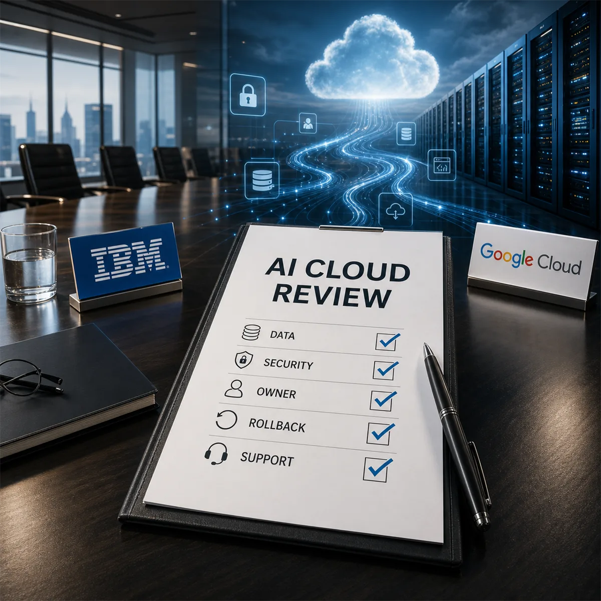 Business owner reviewing an AI and cloud modernization proposal with vendor accountability checkpoints