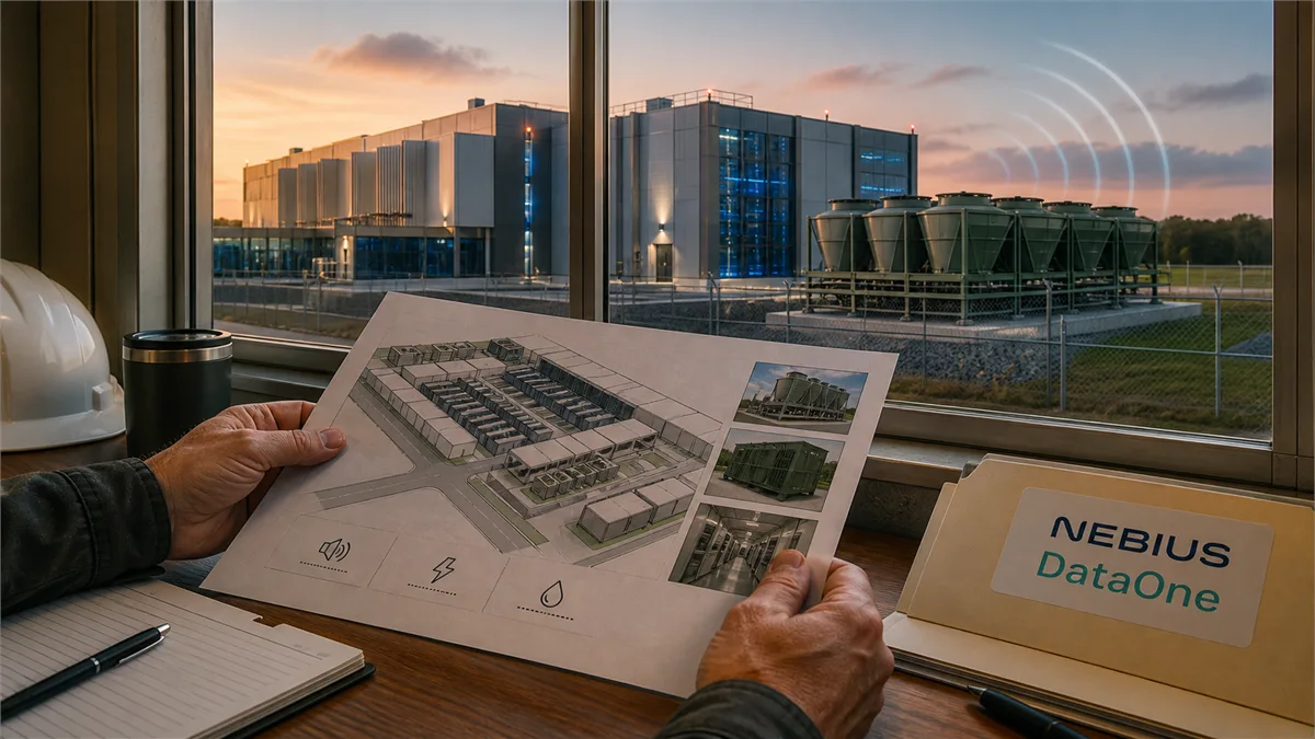 Editorial image of a South Jersey AI data center at dusk with visible power and sound-wave cues for infrastructure planning.