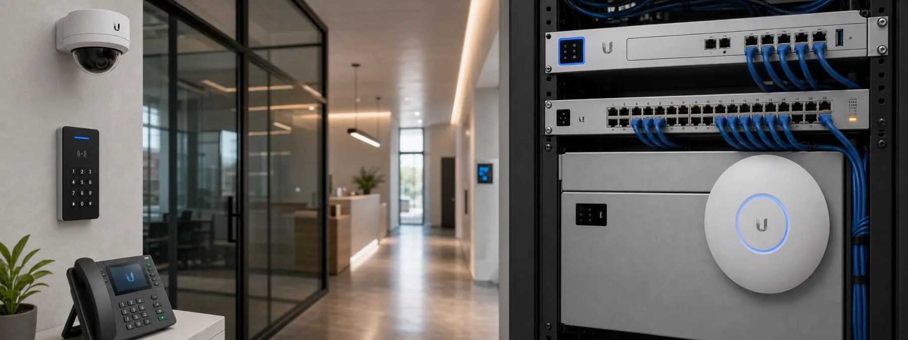 Editorial image about a Ubiquiti UniFi network controller, building systems, and patch ownership for business networks.