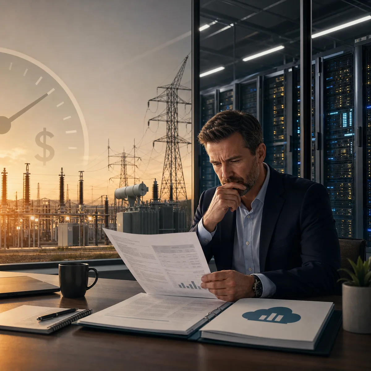 Business owner reviewing AI data center power, cloud cost, and infrastructure dependency assumptions.
