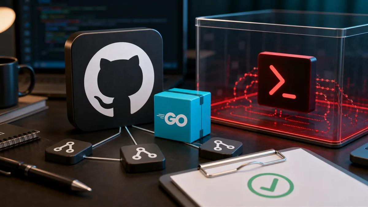 Editorial image of a GitHub-style repository screen connected to warning indicators and a developer workstation review scene.