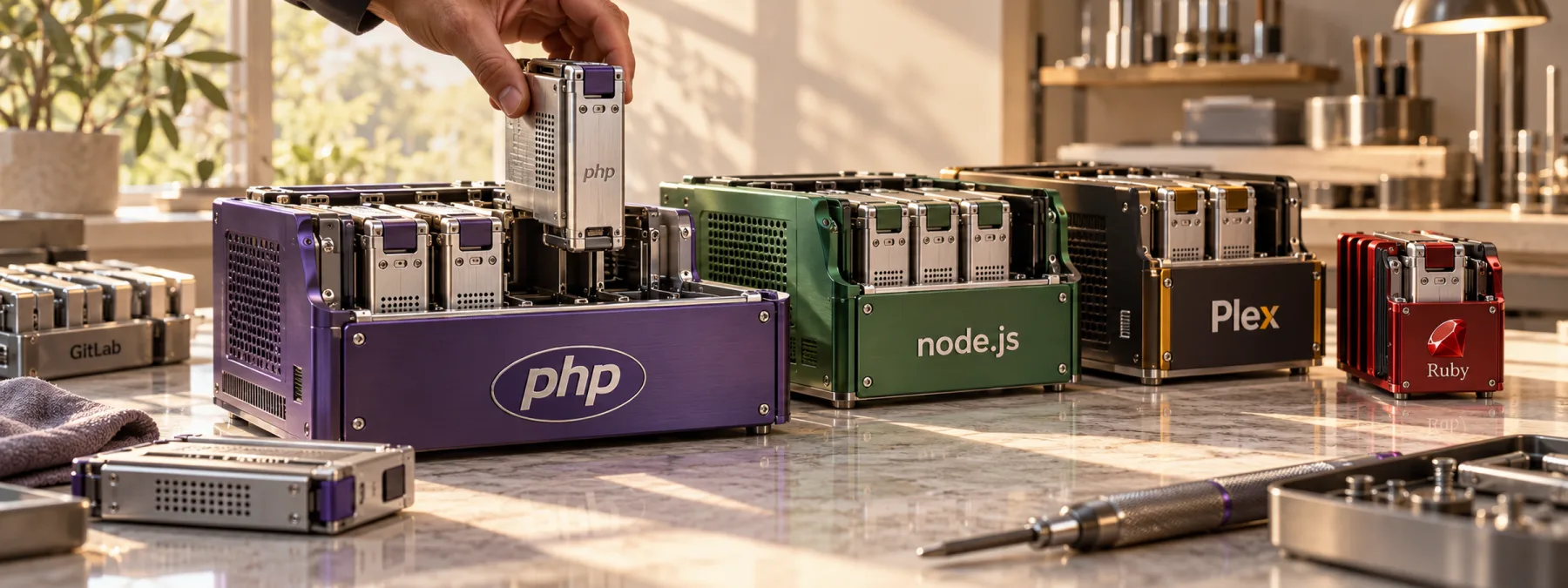 Editorial illustration of PHP, Node.js, Plex and Ruby software components undergoing a dependency repair on a workbench.