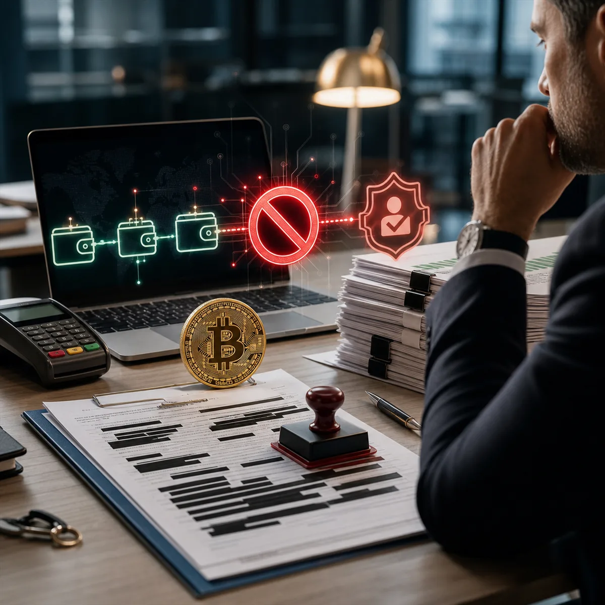 Editorial image about crypto sanctions risk, payment approvals, sanctions screening, and business vendor review.