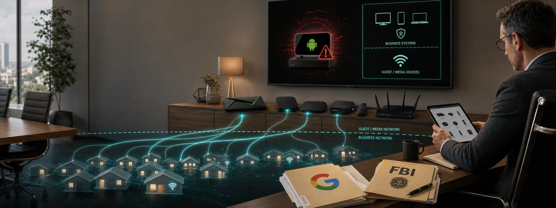 Editorial image about NetNut, residential proxy networks, smart TV security, and business network segmentation.