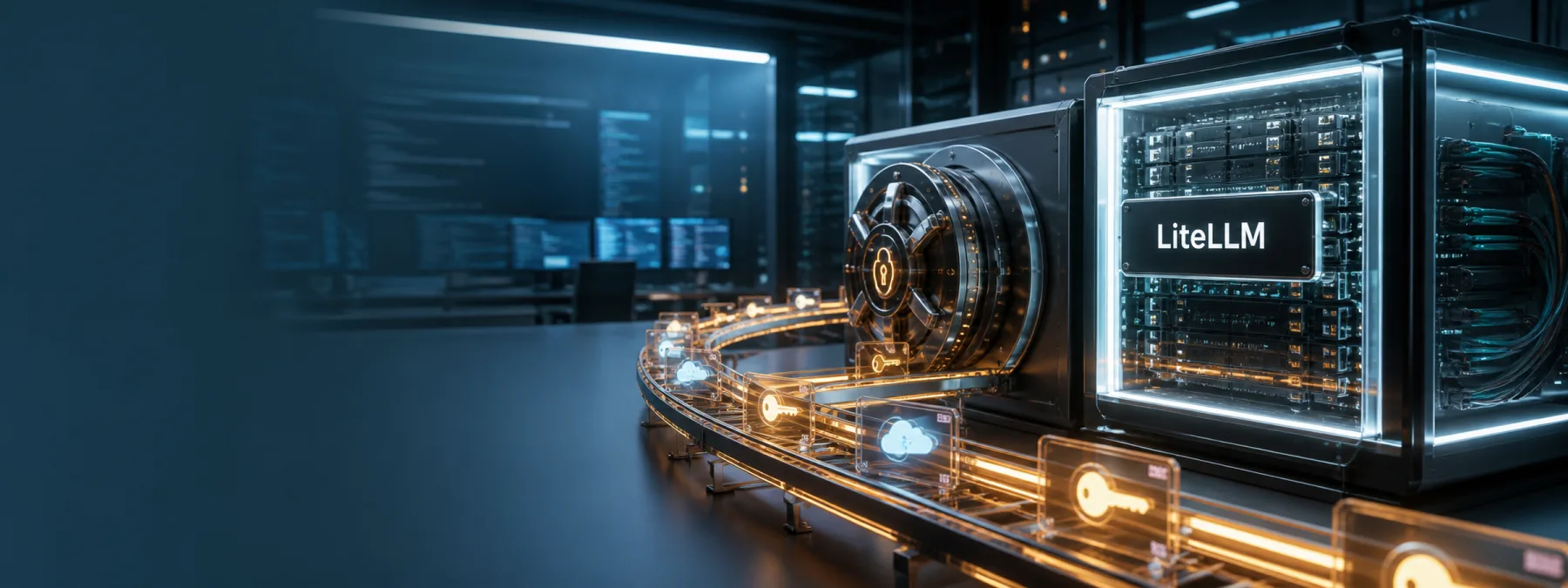 Editorial image of an AI gateway and CI/CD pipeline exposing cloud API keys under credential rotation review.