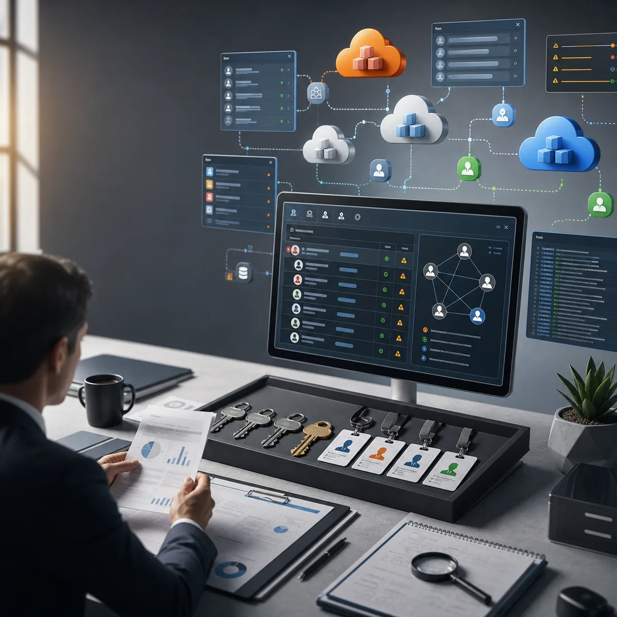 Editorial image of cloud access settings, identity keys, service accounts, and logging evidence under business review.
