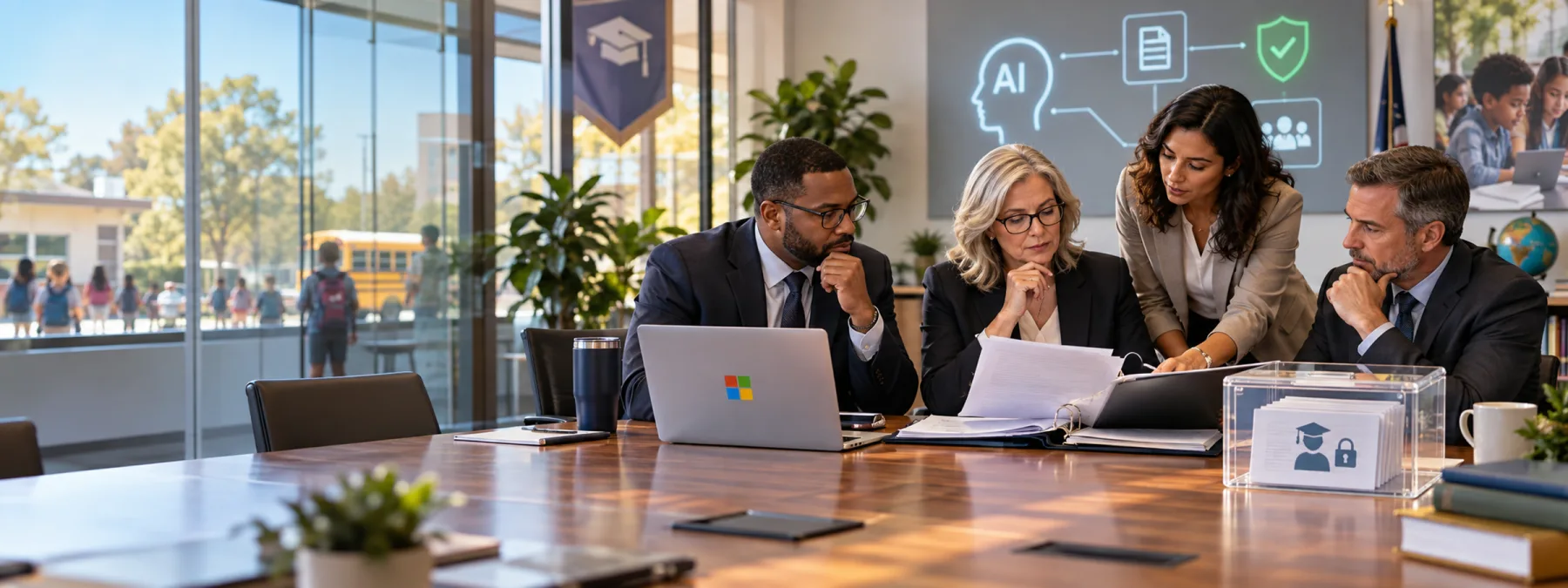 Abstract editorial image of a school administrator reviewing AI privacy contract terms, with student data represented as protected records and no readable text.