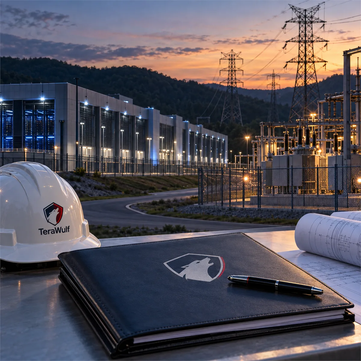 Editorial image showing a data center and electric grid infrastructure as business leaders review AI capacity planning.
