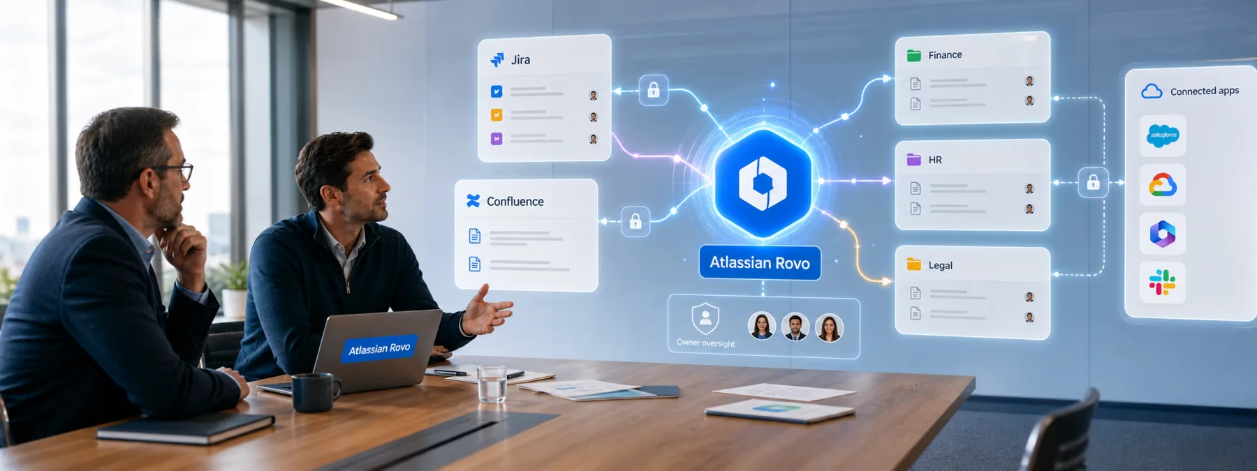 Editorial image of Atlassian Rovo-style AI access reaching Jira, Confluence, and connected SaaS data under owner review.
