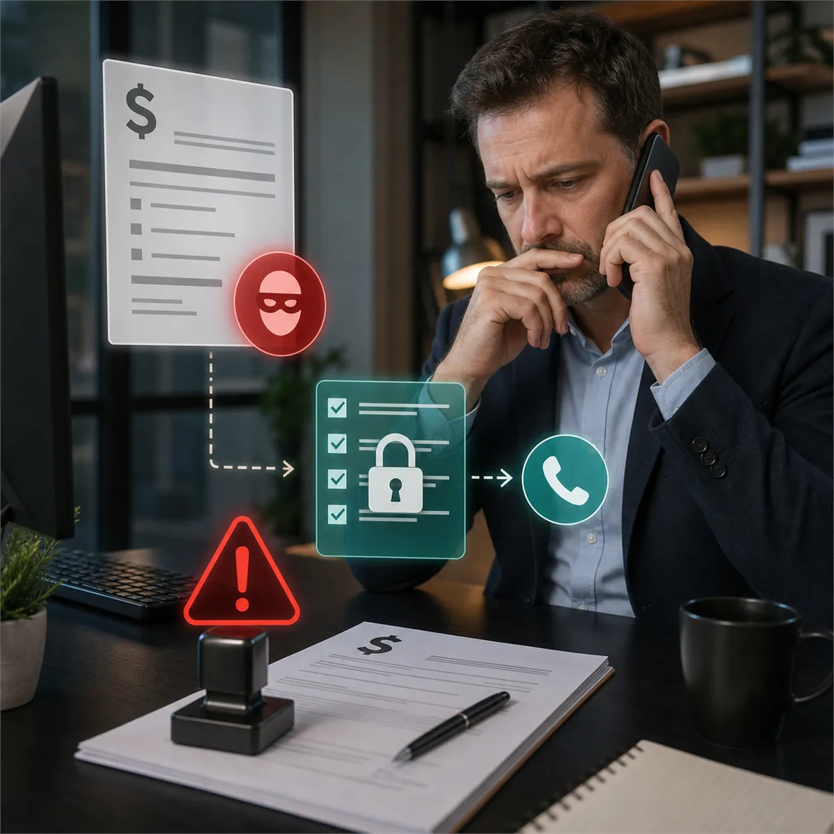 Editorial image of a business owner verifying an urgent payment request before money leaves the company.