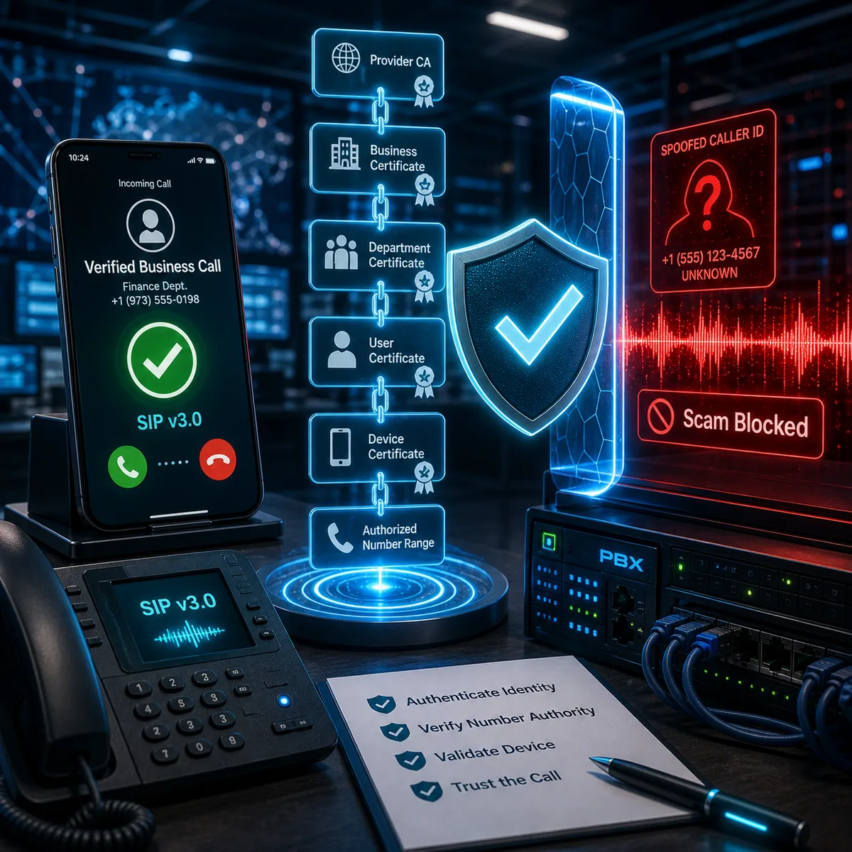 Editorial illustration of SIP v3 caller identity certificates blocking scam calls