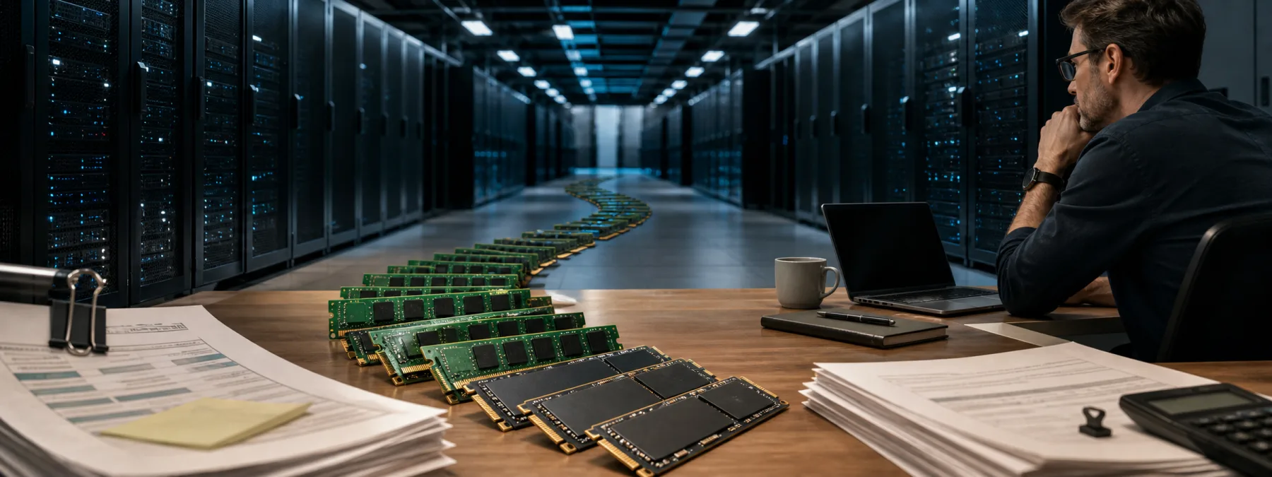 Editorial image showing AI data-center memory demand colliding with a business hardware refresh budget.
