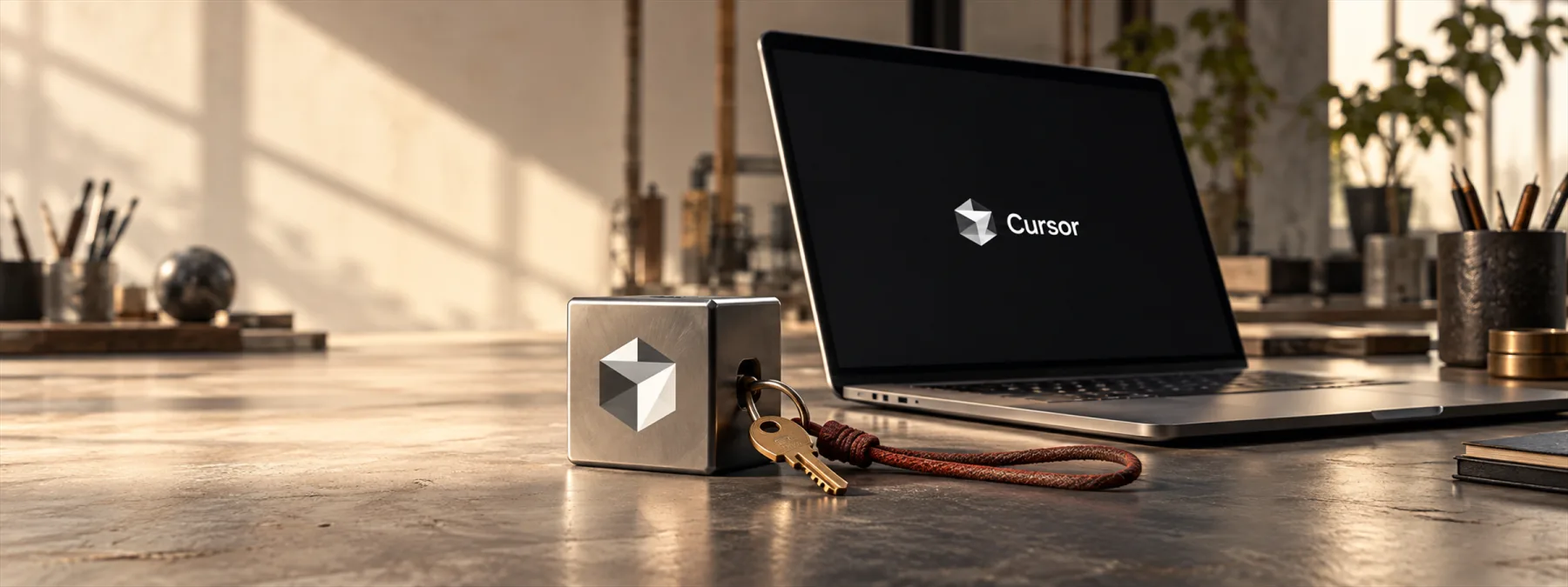 Conceptual editorial illustration of Cursor developer tools, a removed extension module and an access key representing cleanup that may remain after uninstall.