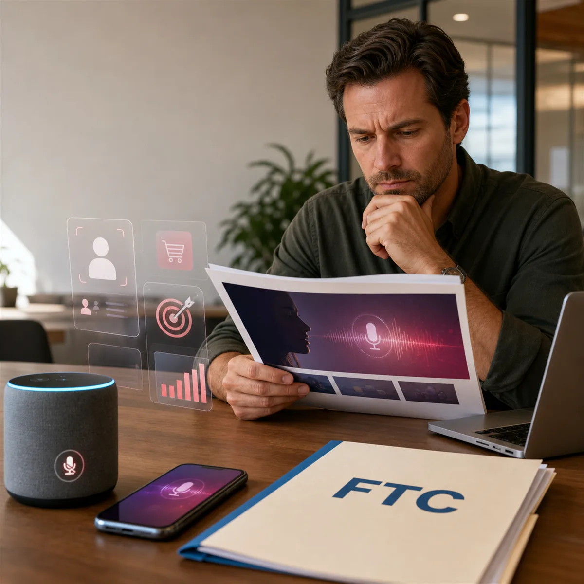 Editorial image of a business owner reviewing AI marketing vendor claims, consent records, and ad-tech data sources.