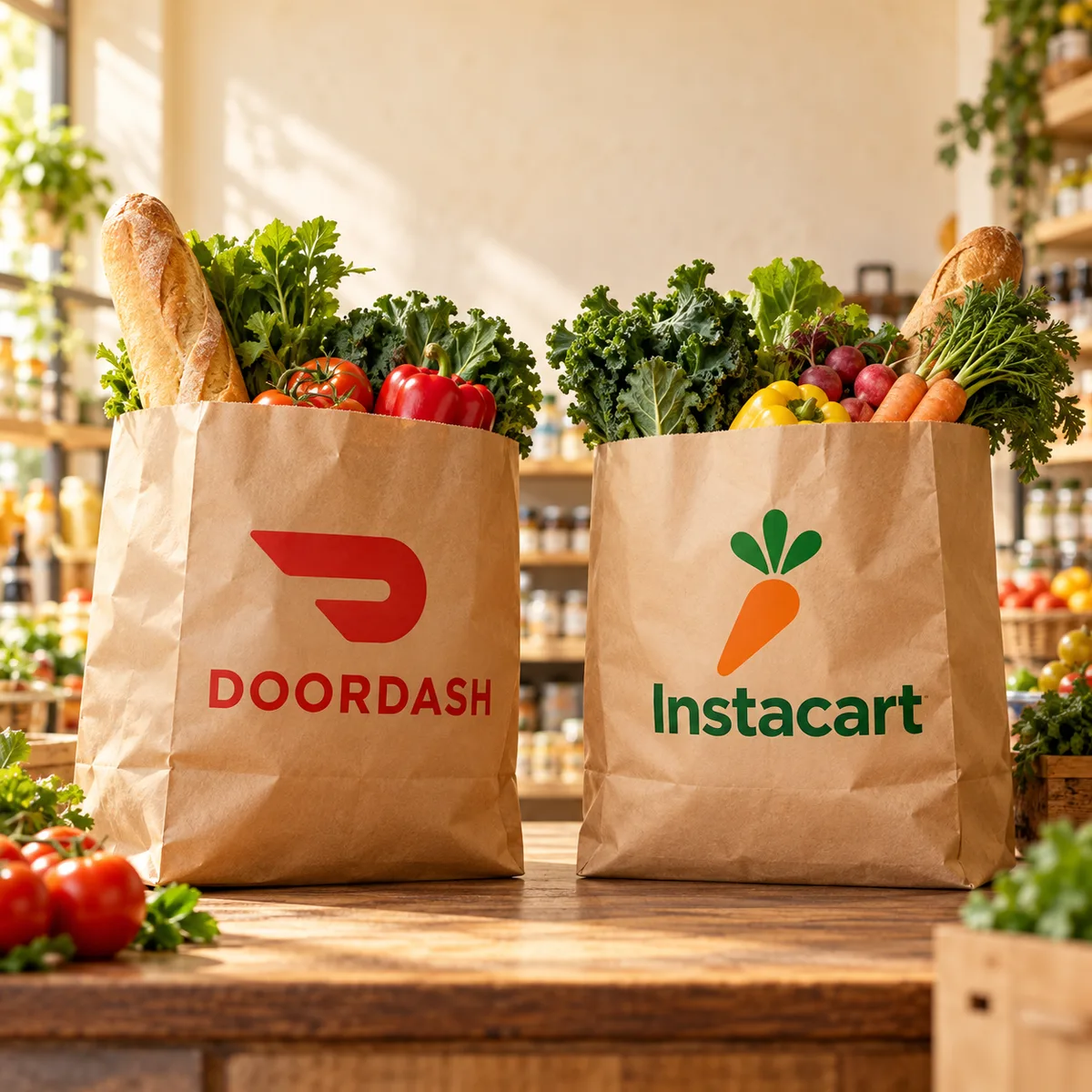 Two separate grocery bags marked DoorDash and Instacart stand on a sunlit neighborhood-store counter with fresh produce.