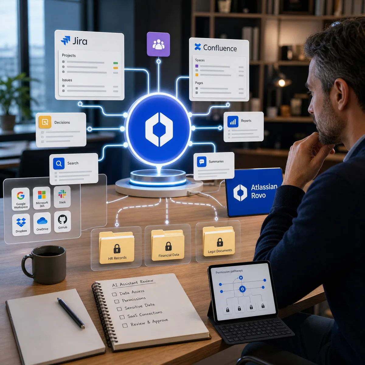 Editorial image of Atlassian Rovo-style AI access reaching Jira, Confluence, and connected SaaS data under owner review.