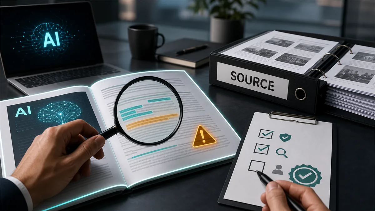 Editorial image showing AI report source verification before business approval.