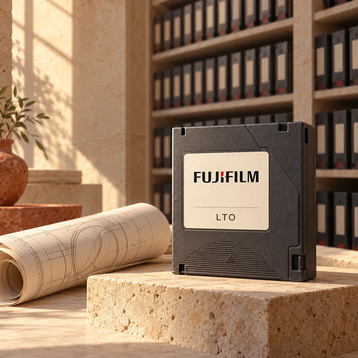 Conceptual editorial illustration of Fujifilm-marked data-tape cartridges and engineering drawings in a sunlit archive setting.