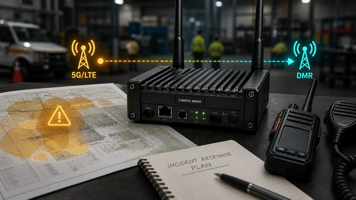 Editorial image of field communications switching between broadband and radio fallback during a coverage gap.