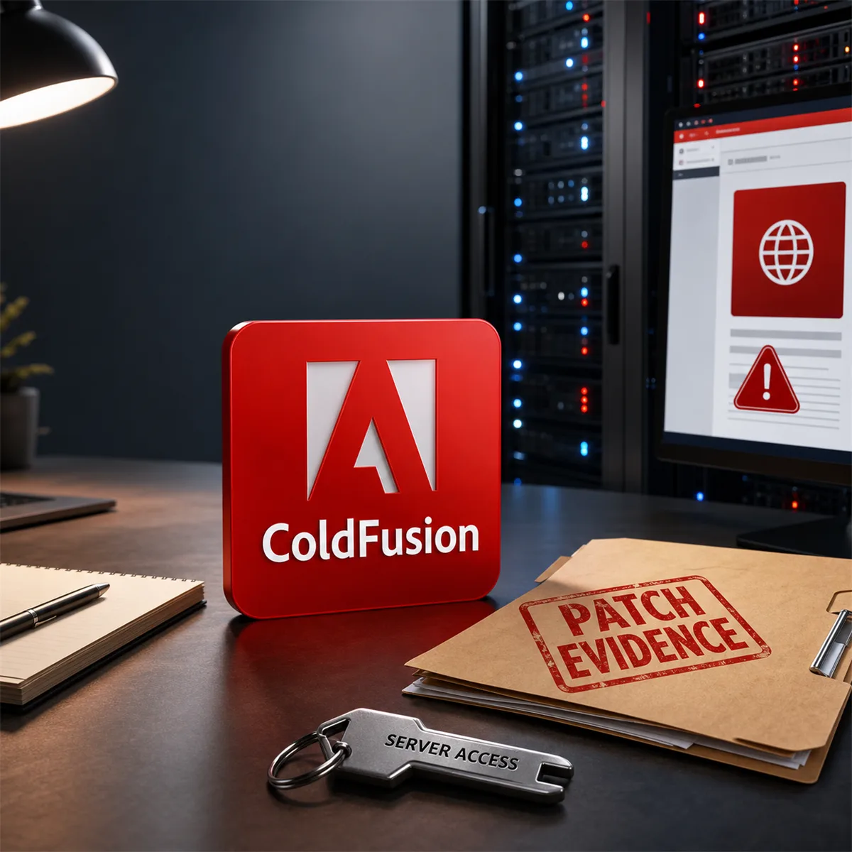 Editorial image showing Adobe ColdFusion web application patch evidence and server security review